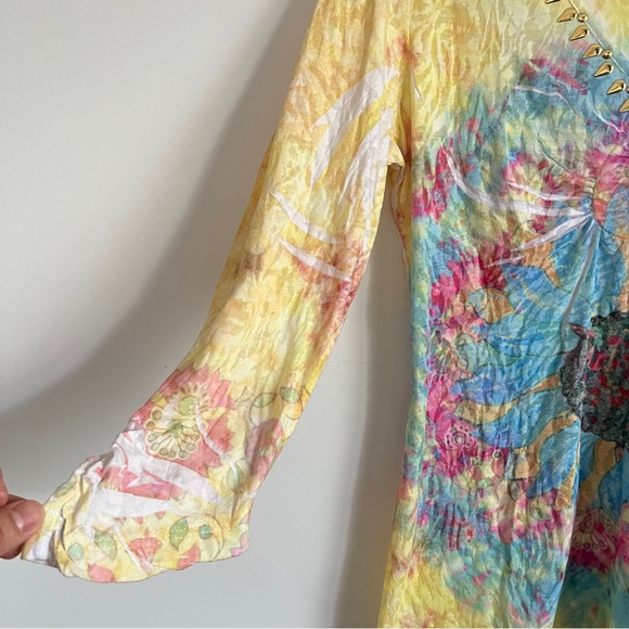 Y2K Boho Fairy Top with Psychedelic Sun Print & Gold Studded Neckline Size M - Picture 4 of 7